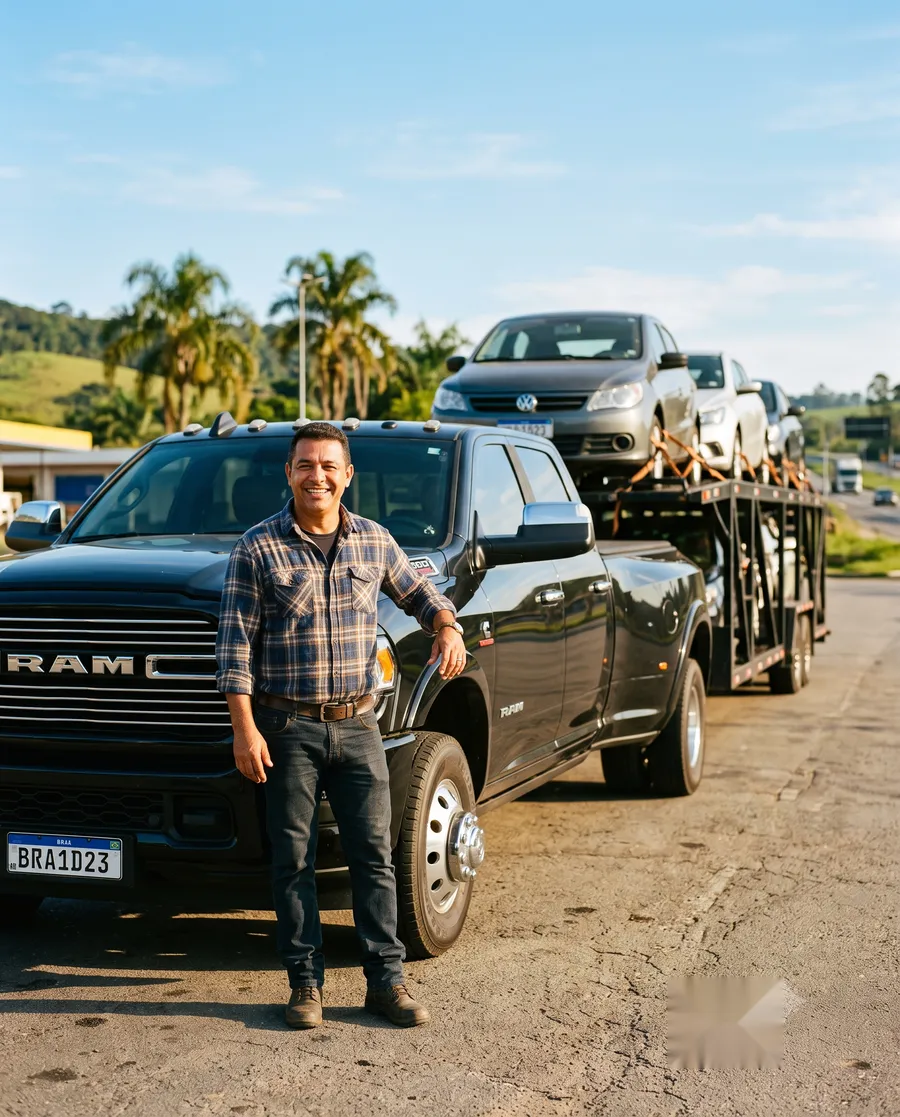 Owner-operator brasileiro subindo na cabine da dually ao pôr do sol, reboque carregado de carros