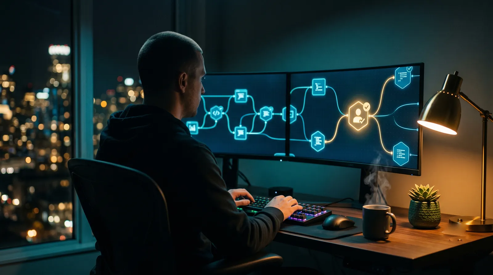 Dispatcher acompanhando o motor de IA da DispatchAI em telas escuras, com o fluxo de decisão em teal
